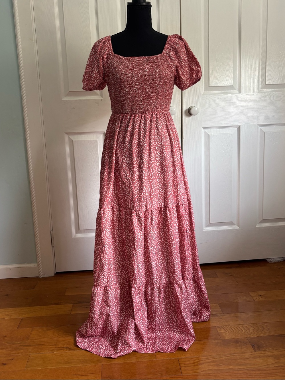 NWT Pink Puff-Sleeve Smocked Maxi Dress